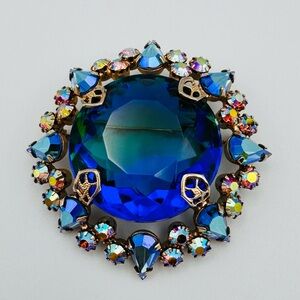 STUNNING 2” ROYAL BLUE & YELLOW Rhinestones Brooch Pin Mid Century Gold Tone